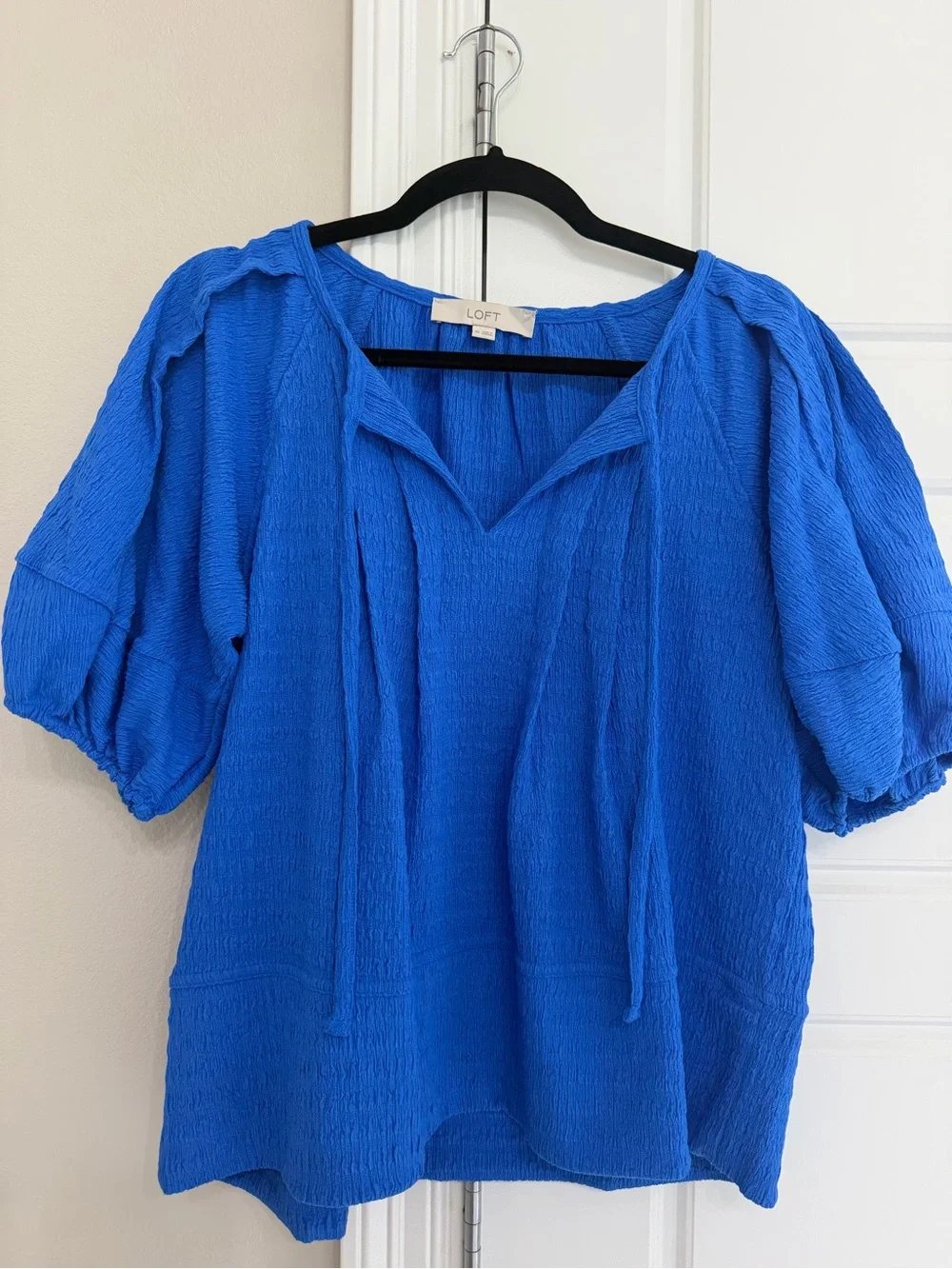 LOFT Royal Blue Crinkle V-Neck Peasant Blouse